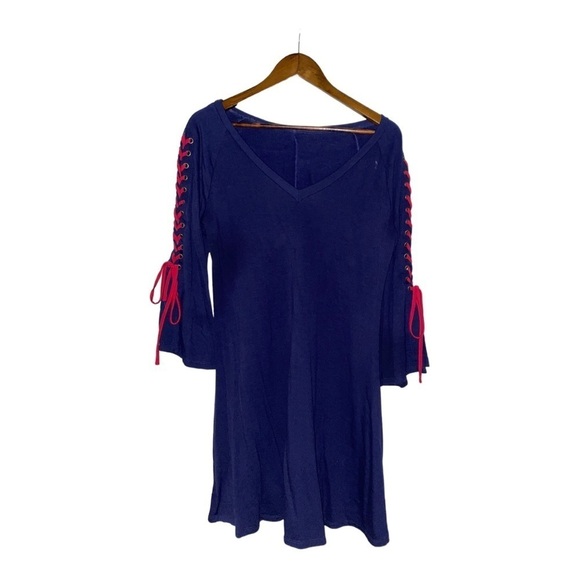 Venus Lace Up Mini Dress Nautical Vacation Boho‎ Fit & Flare Bell Sleeve Women L - Picture 1 of 7